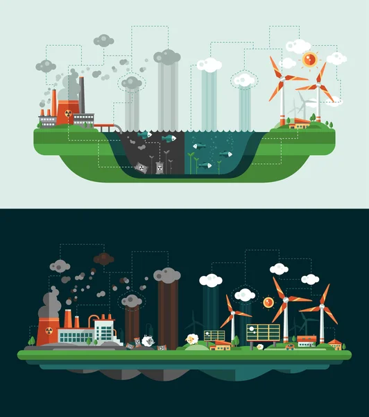 Set van moderne platte ontwerp conceptuele ecologische illustraties met pictogrammen, infographics elementen. Verspilde en groene landschappen. — Stockvector