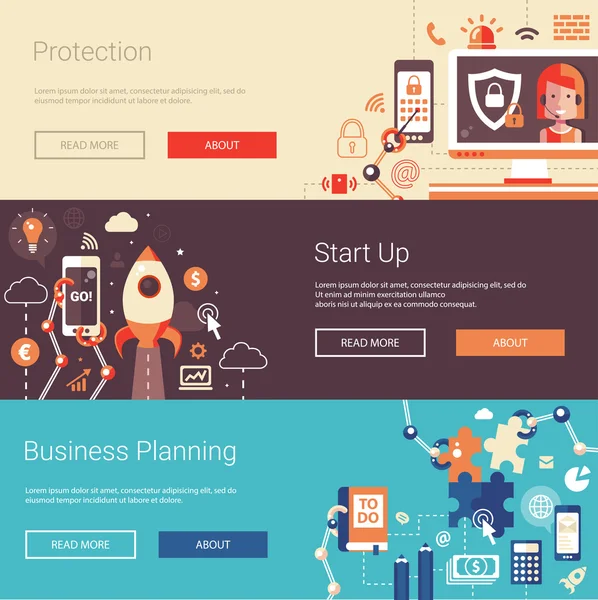 Zestaw płaski nowoczesny biznes banery, nagłówki, ikony i infografiki elementów. Planowanie, uruchomienia, ochrony — Wektor stockowy