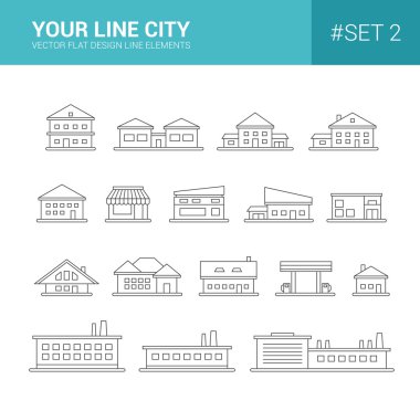 Set of line flat design buildings icons