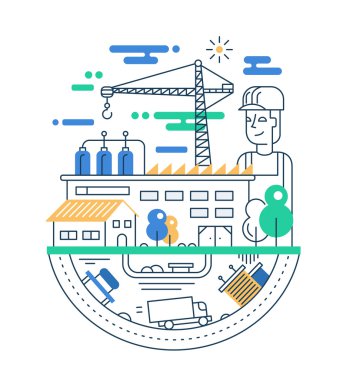 Illustration of modern line flat design city composition with people, factory buildings and industrial infographics elements