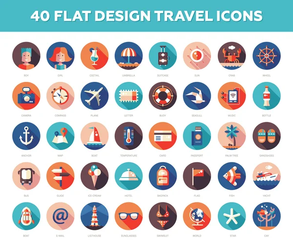 Set modern desain datar perjalanan, liburan, ikon pariwisata dan di - Stok Vektor