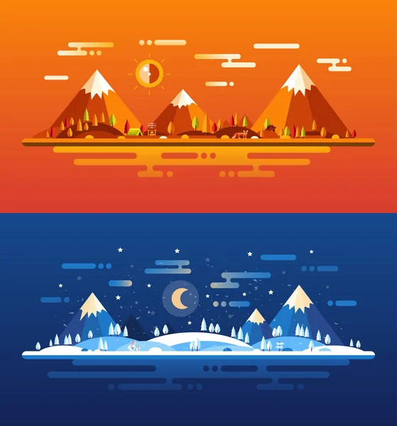 Conjunto de modernos paisajes conceptuales de diseño plano con animales y — Vector de stock