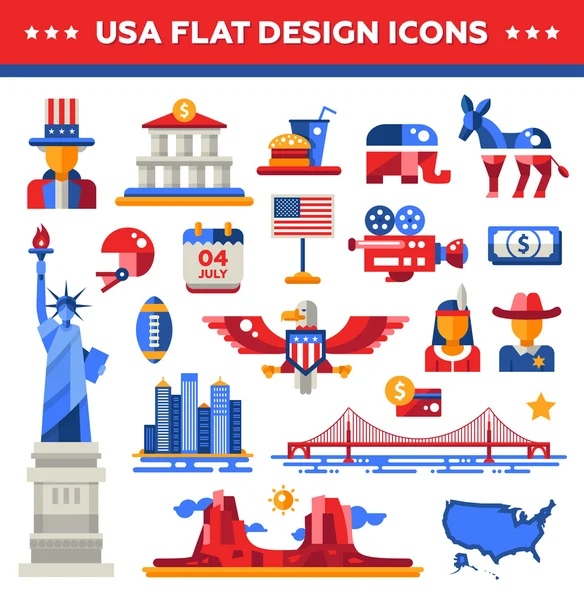 Conjunto de ícones de viagem de design plano EUA, elementos infográficos com marcos e símbolos americanos famosos — Vetor de Stock