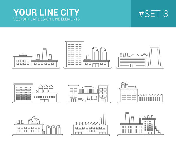 Набор иконок линейных плоских конструкций зданий. Фабрики и индуистские
