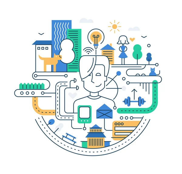 Ilustrasi dari baris modern datar desain komposisi kota dengan pe - Stok Vektor