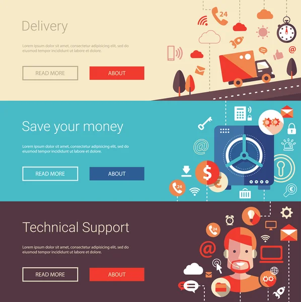 Set of modern flat design business banners, headers with icons and infographics elements. Delivery, technical support, save your money. — Stockvector