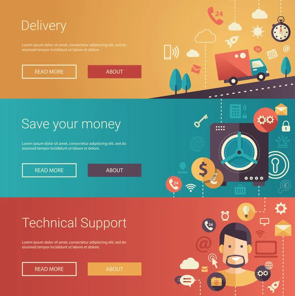 Ensemble de bannières commerciales modernes de design plat, en-têtes avec des icônes et des éléments d'infographie. Livraison, support technique, économisez votre argent . — Image vectorielle