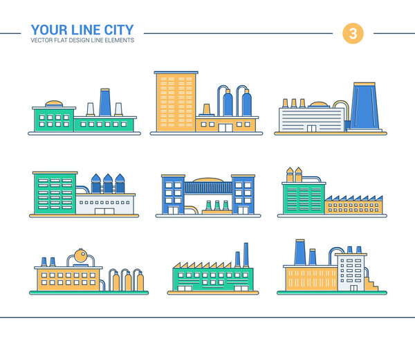 Набор иконок линейных плоских промышленных зданий. Фабрики

