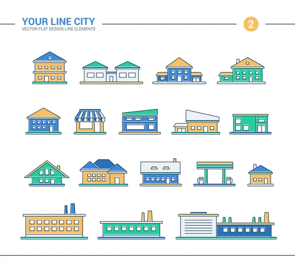 Conjunto de iconos de edificios de diseño plano de línea — Vector de stock