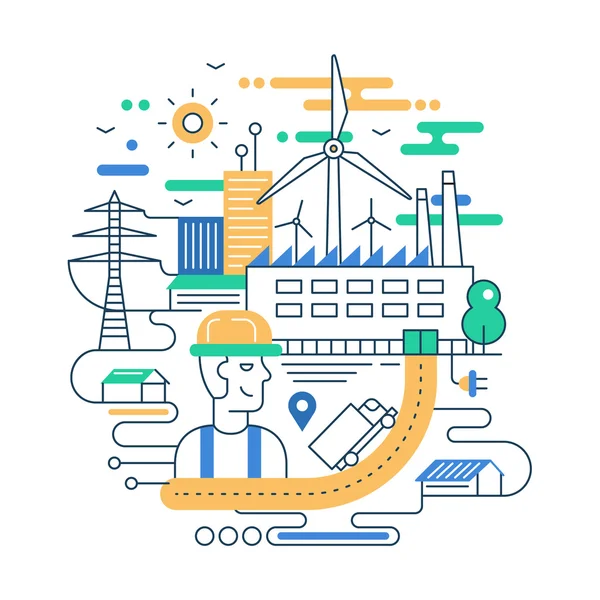 Illustration of modern line flat design city composition with people, factory buildings and alternative energy infographics elements — Stockvector