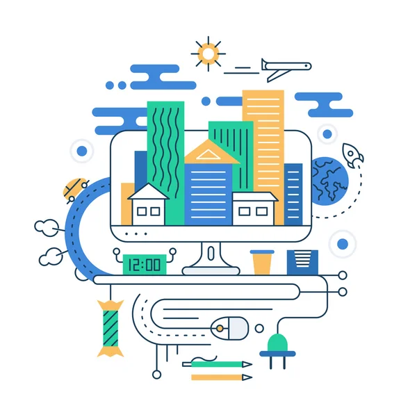 Travel planning. Illustration of modern line flat design city composition with buildings and travel infographics elements — Stok Vektör