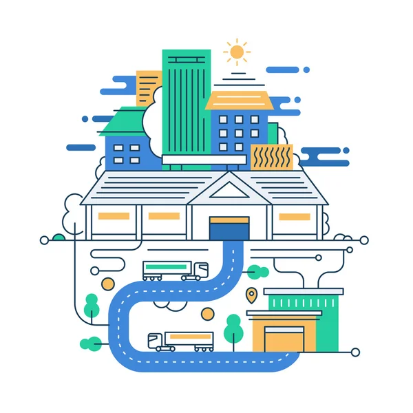 Illustration of modern line flat design city composition with buildings and cityscape infographics elements — Wektor stockowy