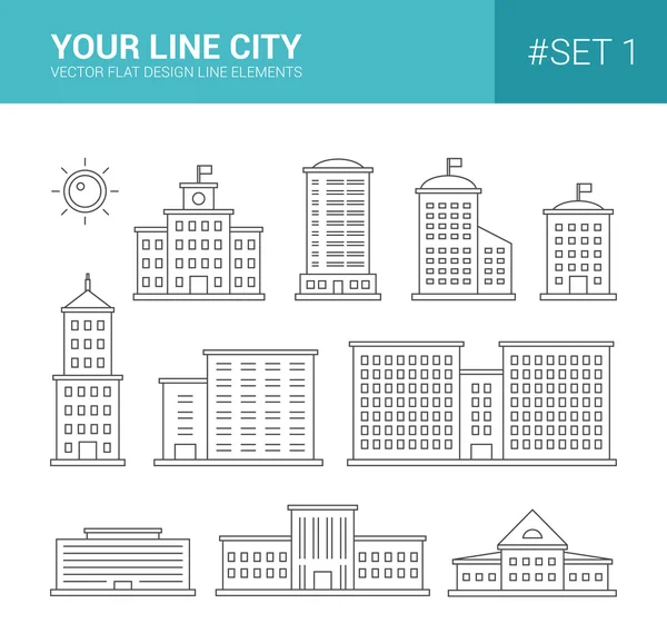 Set of line flat design buildings icons. Skyscrapers, goverment — Wektor stockowy