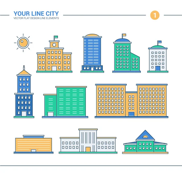 Set of line flat design administrative buildings icons. Skyscrapers, government — Wektor stockowy