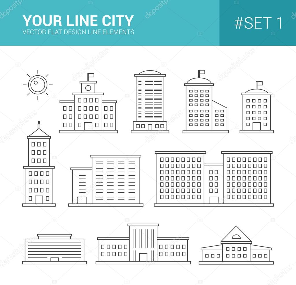 Set of line flat design buildings icons. Skyscrapers, goverment