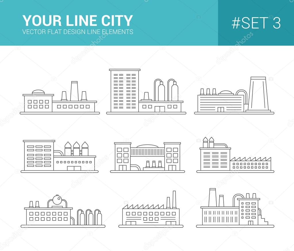 Set of line flat design buildings icons. Factories and industial