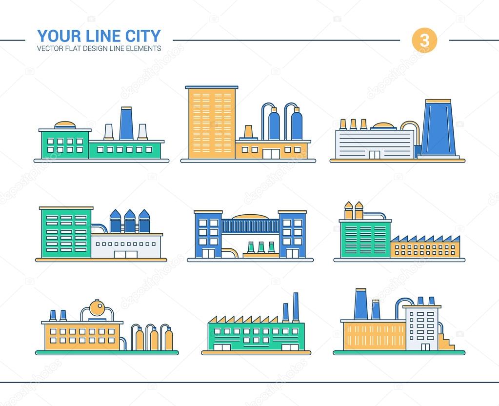 Set of line flat design industrial buildings icons. Factories