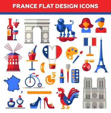 Set of flat design France travel icons, infographics elements with landmarks and famous French symbols