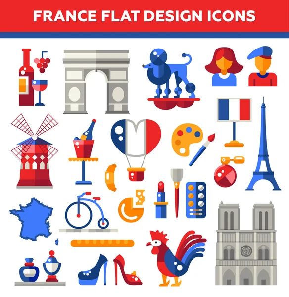 Set of flat design France travel icons, infographics elements with landmarks and famous French symbols — Stockvector