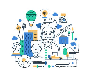 Illustration of modern line flat design happy father and son composition with infographics elements