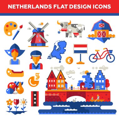 Düz tasarım Holland seyahat simgeler, simge yapılar ve ünlü Hollandalı sembollerle infographics öğeleri kümesi