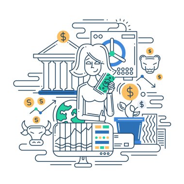 Illustration of modern line flat design make money composition and infographics elements with a businesswoman
