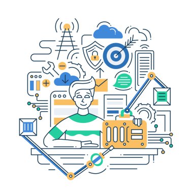 Illustration of modern line flat design problem strategy composition, infographics elements with a male suggesting ready-made solution
