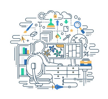 Illustration of modern line flat design composition, infographics elements with designer and his workplace