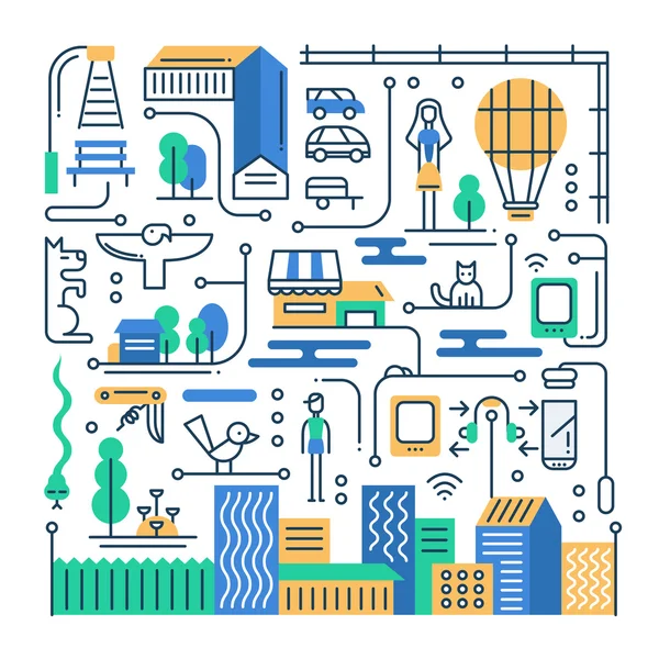 Illustration of modern line flat design city lifestyle composition with buildings, cityscape infographics elements — Stok Vektör