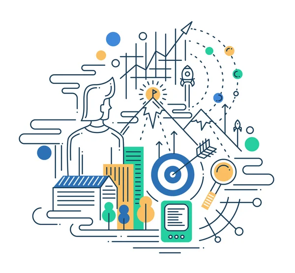 Illustration of modern line flat design mission composition, infographics elements with man and his aims — Stock Vector