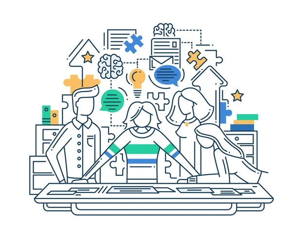 Ilustración de elementos de infografía y composición de procesos creativos de diseño plano de línea moderna con un problema de resolución de equipo — Vector de stock