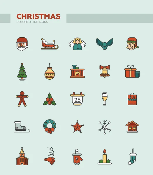 Set of Christmas and Happy New Year line flat design icons — Stok Vektör