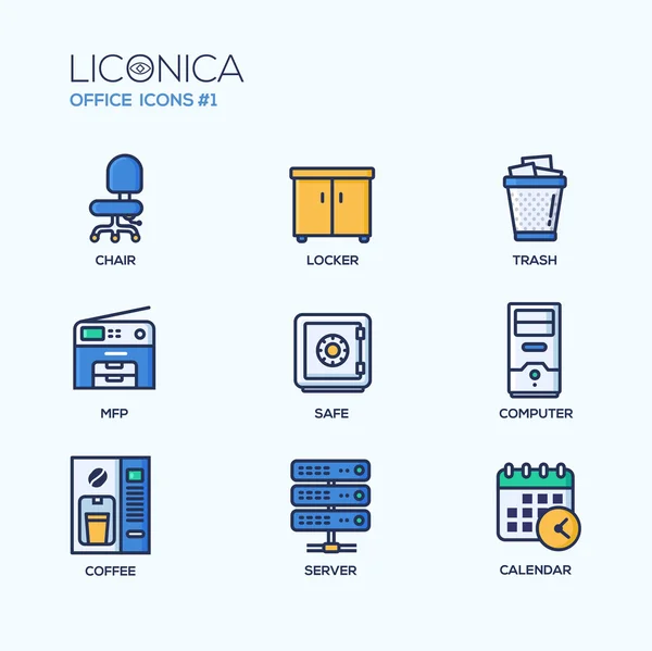 Conjunto de iconos de diseño plano de línea delgada de oficina moderna y pictogramas. Infografías de negocios objetos, elementos web . — Vector de stock