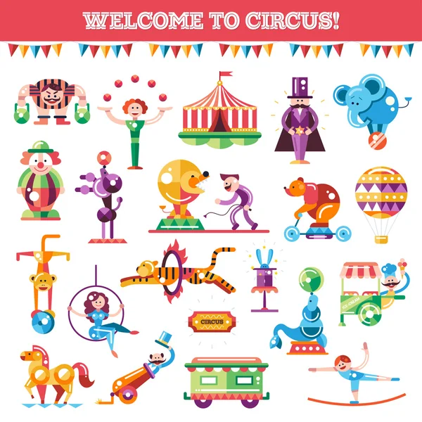 Ensemble d'icônes modernes de cirque et de carnaval, éléments d'infographie — Image vectorielle