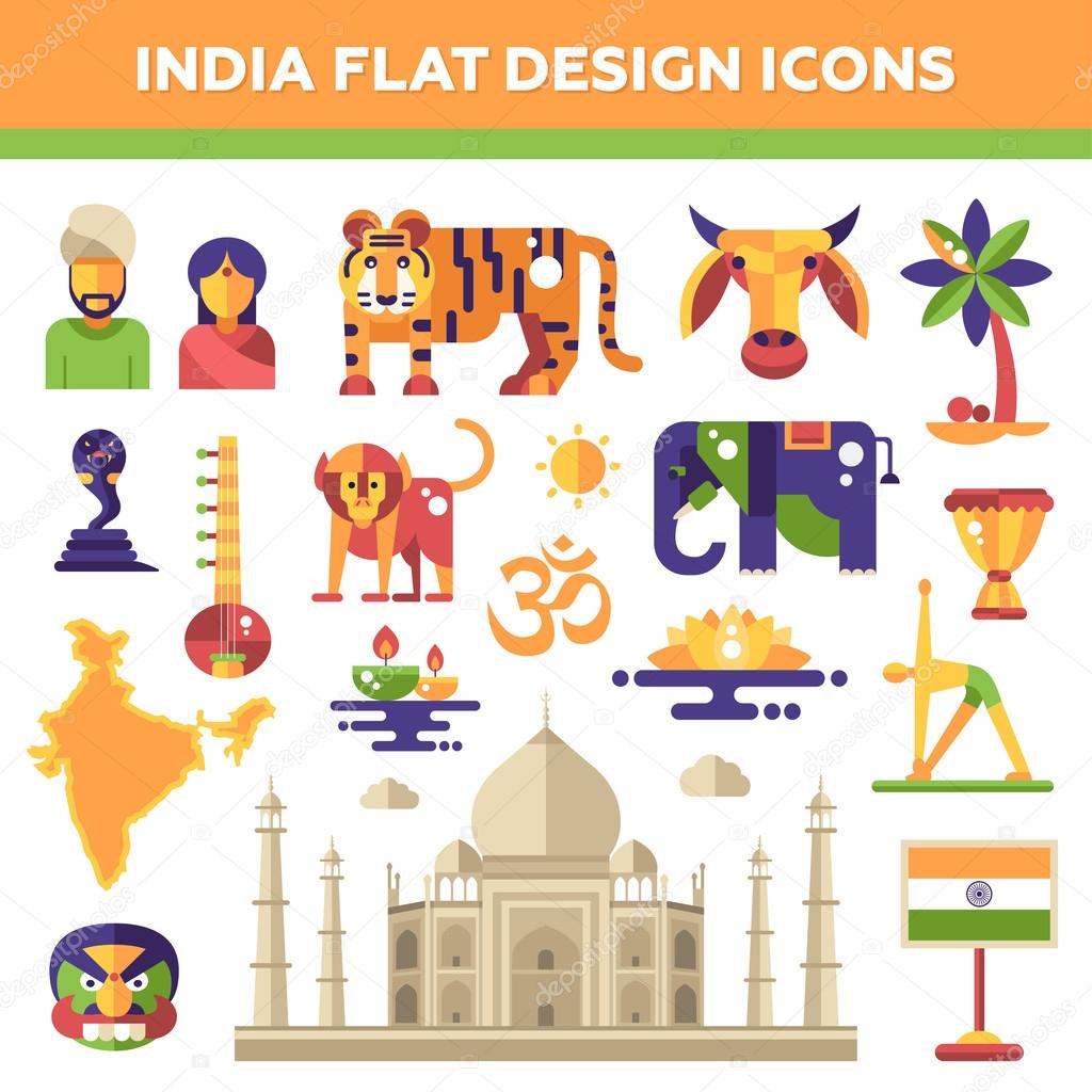 Set of flat design India travel icons and infographics elements with landmarks, famous Indian symbols