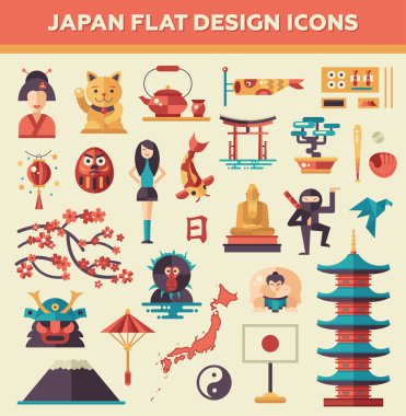 Düz tasarım Japonya seyahat simgeler ve infographics öğeleri tarihi yerler, ünlü Japon semboller ile kümesi