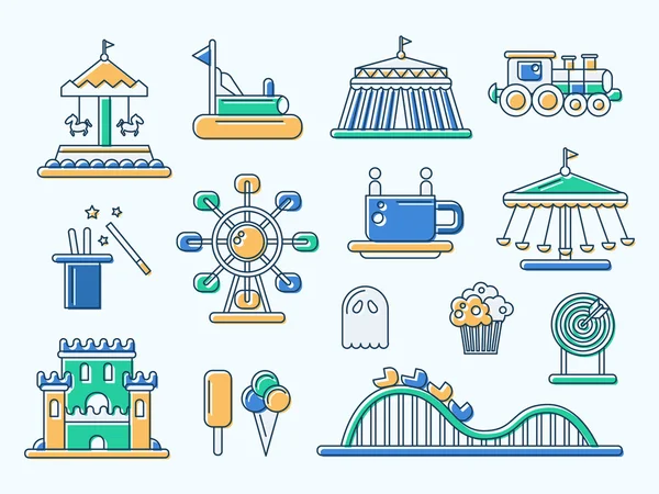 Conjunto de iconos de línea de parque de atracciones de diseño plano — Vector de stock