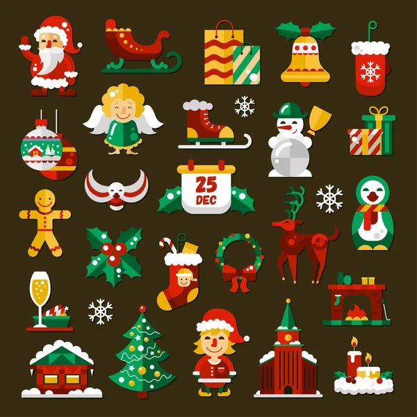 Set van Kerstmis en gelukkig Nieuwjaar platte ontwerp pictogrammen — Stockvector