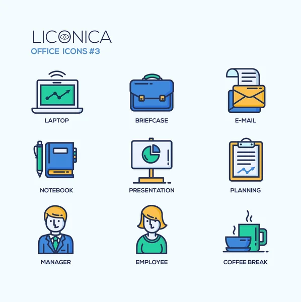 Conjunto de iconos de diseño plano de línea delgada de oficina moderna y pictogramas. Infografías de negocios objetos, elementos web . — Vector de stock