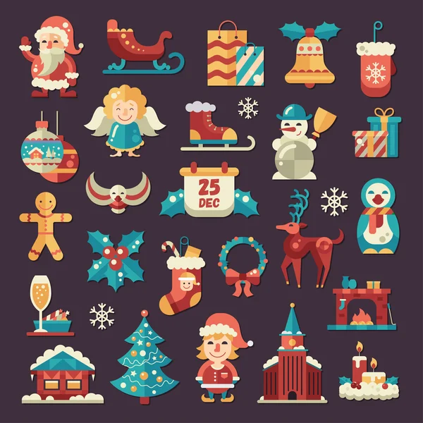 Conjunto de Natal e Feliz Ano Novo ícones de design plano — Vetor de Stock