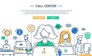 Illustration of modern line flat design composition, infographics elements with call center support team and its workplace. Header, banner for your website.
