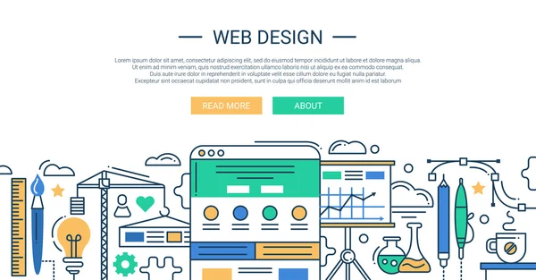 Ilustração da composição de design plano de linha moderna e elementos infográficos com ferramentas de desenvolvimento de sites. Cabeçalho, banner para o seu site . — Vetor de Stock