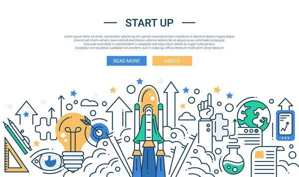 Ilustração da moderna linha de start-up de composição de design plano e elementos infográficos com uma cena de lançamento shuttle. Cabeçalho, banner para o seu site . —  Vetores de Stock