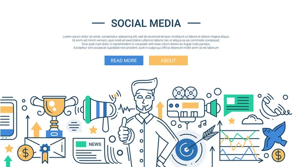 Illustration der modernen Social-Media-Promotion-Linie flache Design-Komposition und Infografik-Elemente mit einem glücklichen Mann. Header, Banner für Ihre Website. — Stockvektor