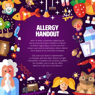 Poster düz tasarım alerjen simgeler ve infographics öğeleri ile Illustration. Anti dinleyici notu.
