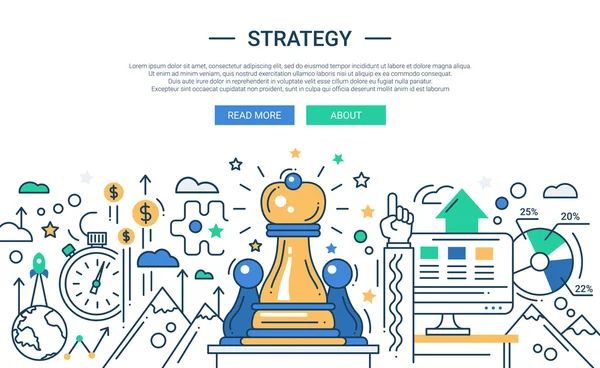 Illustrazione della linea moderna design piatto strategia composizione ed elementi infografici con pezzi di scacchi. Intestazione, banner per il tuo sito web . — Vettoriale Stock