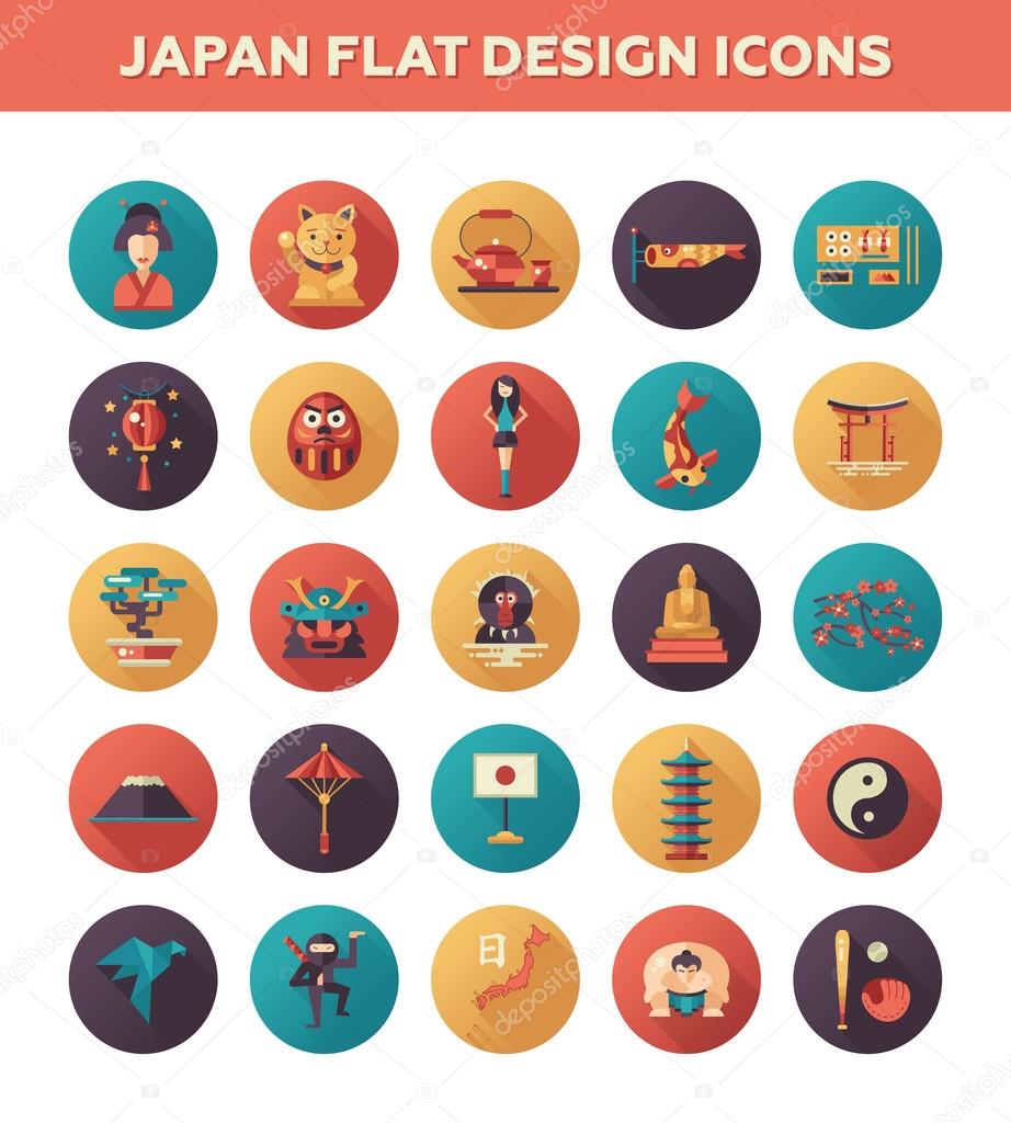 Set of flat design Japan travel icons and infographics elements with landmarks, famous Japanese symbols