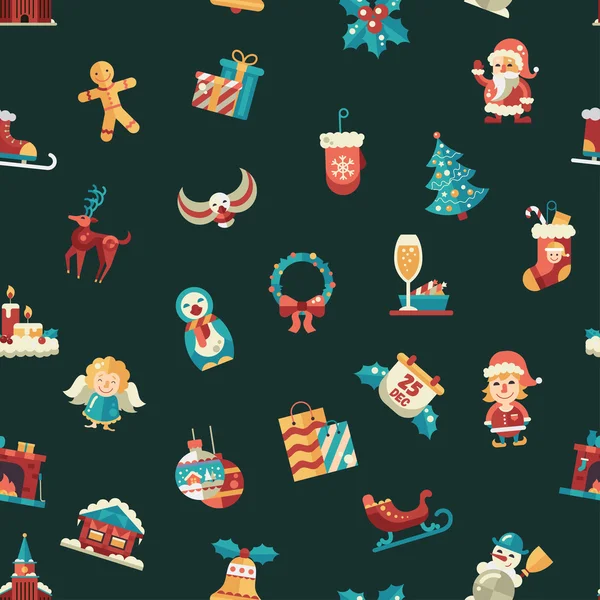 Illustration von Weihnachten und frohem neuen Jahr flaches Designmuster mit Symbolen — Stockvektor