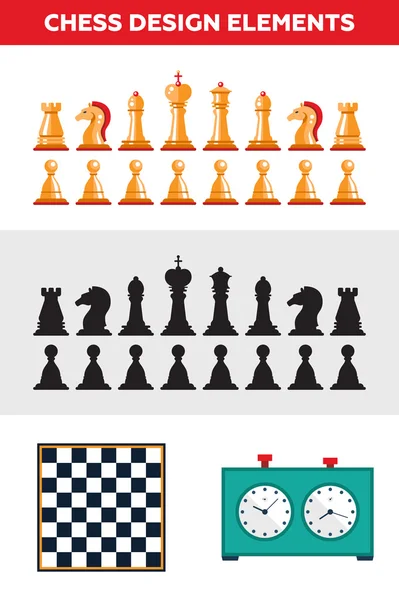 Platte ontwerp geïsoleerd zwart-wit chess cijfers met schaakbord, klok. Collectie van de koning, koningin, bisschop, knight, toren, pion — Stockvector