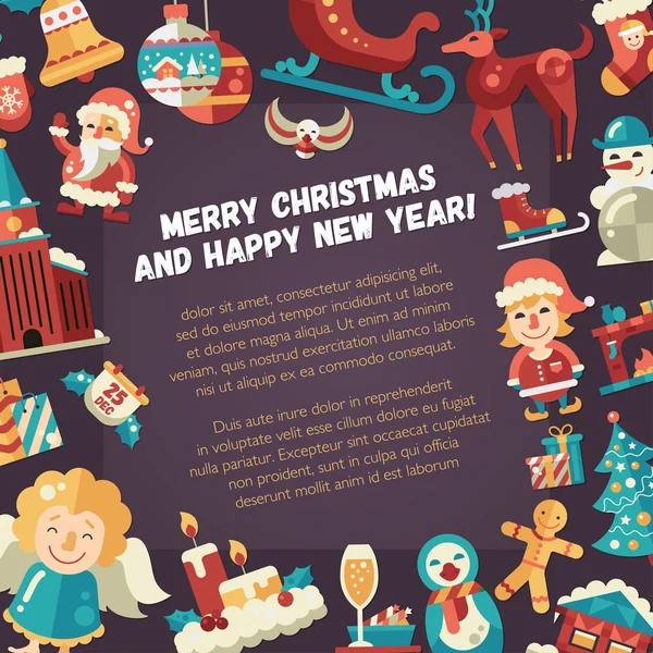 Illustration von Weihnachten und frohes neues Jahr flache Design-Einladungsvorlage mit Symbolen — Stockvektor
